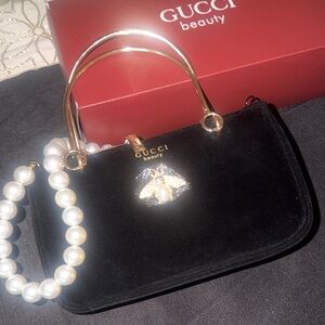 Gucci Black Velvet Clutch with Gold Handles and Pearl Wristlet